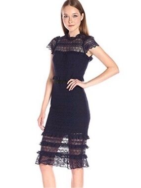 Parker Navy‎ Lace Midi Dress with Tiered Hem